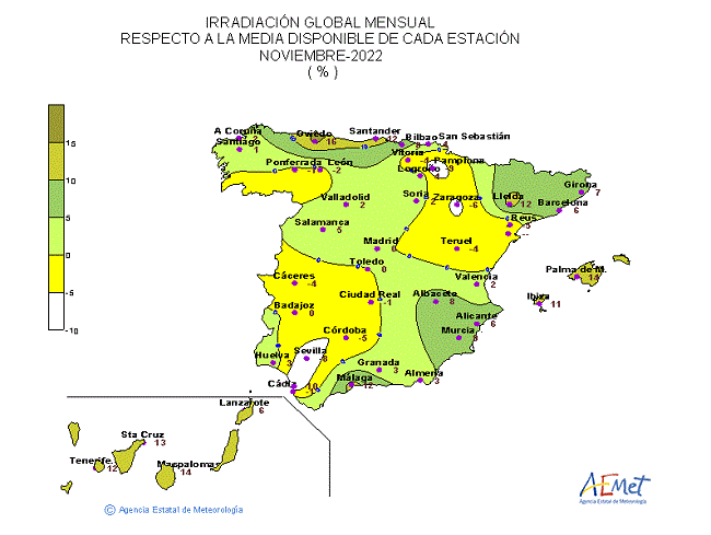 Distribución de la Irradiación media global en España (noviembre 2022)