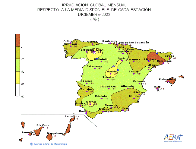 Distribución de la Irradiación media global en España (diciembre 2022)