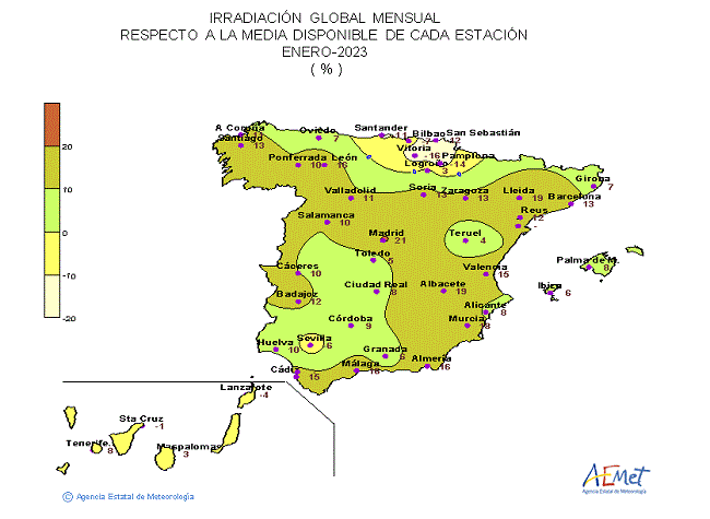 Distribución de la Irradiación media global en España (enero 2023)