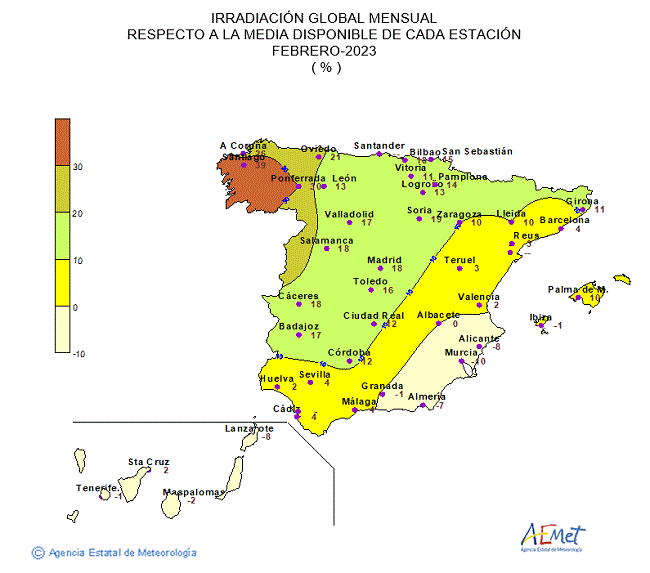 Distribución de la Irradiación media global en España (febrero 2023)
