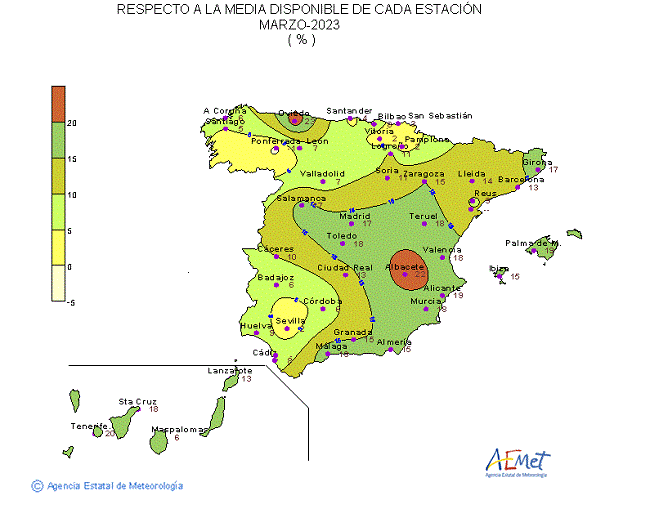 Distribución de la Irradiación media global en España (marzo 2023)