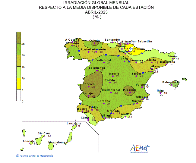 Distribución de la Irradiación media global en España (abril 2023)