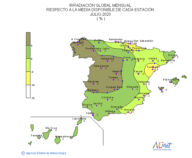 Distribución de la Irradiación media global en España (julio 2023)