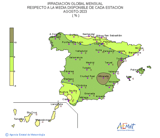 Distribución de la Irradiación media global en España (agosto 2023)