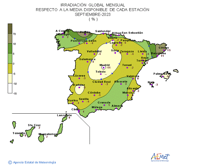 Distribución de la Irradiación media global en España (septiembre 2023)