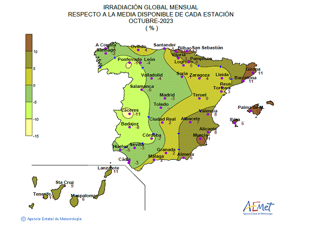 Distribución de la Irradiación media global en España (octubre 2023)