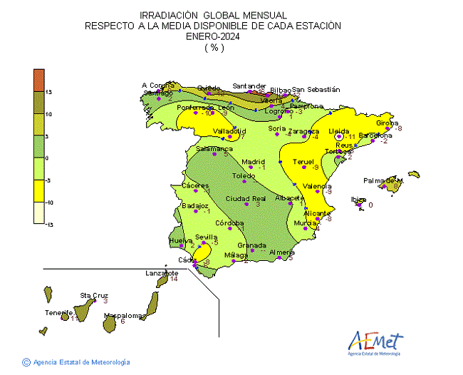 Distribución de la Irradiación media global en España (enero 2024)