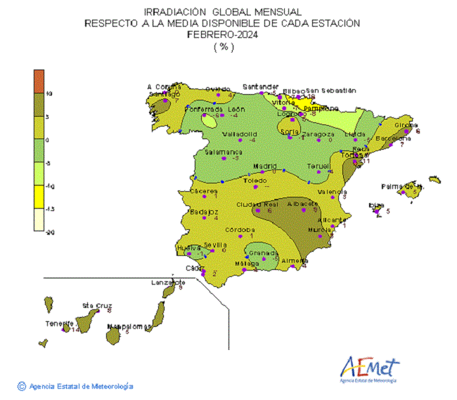 Distribución de la Irradiación media global en España (febrero 2024)