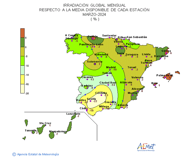 Distribución de la Irradiación media global en España (marzo 2024)