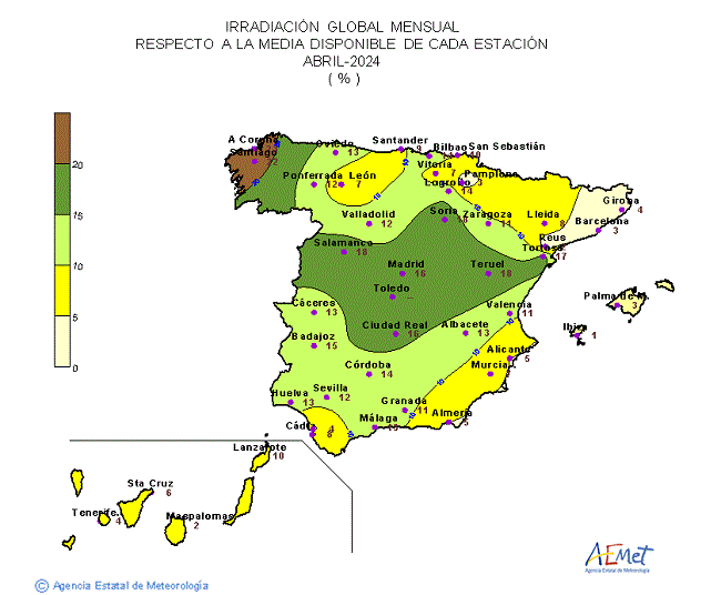 Distribución de la Irradiación media global en España (abril 2024)