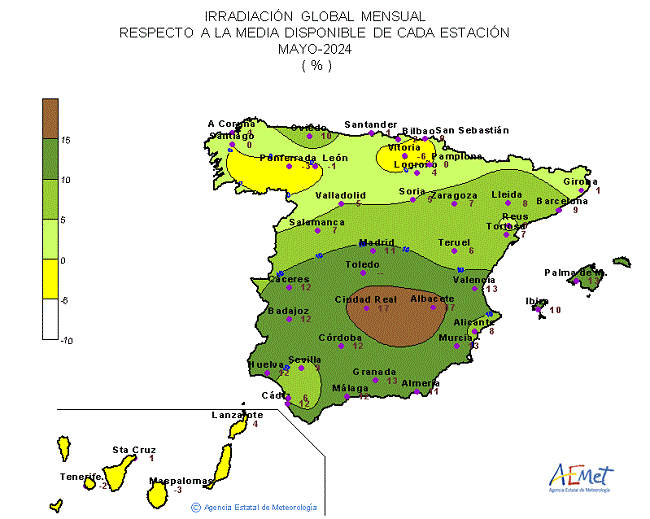 Distribución de la Irradiación media global en España (mayo 2024)