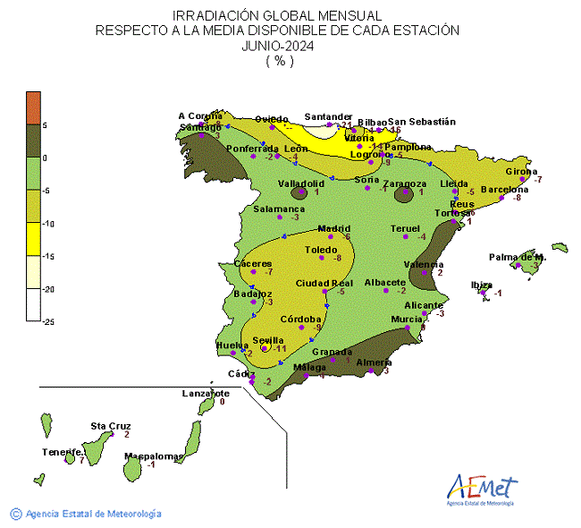 Distribución de la Irradiación media global en España (junio 2024)