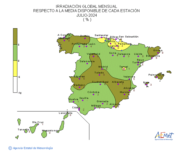 Distribución de la irradiación media en España (julio 2024)