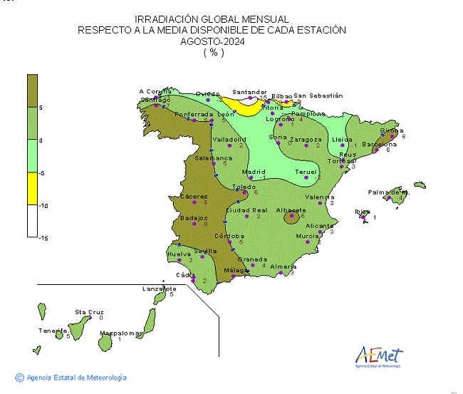Distribución de la irradiación media global en España (agosto 2024)