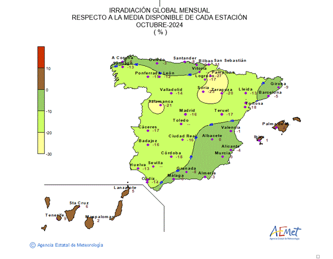 Distribución de la irradiación media global en España (octubre 2024).