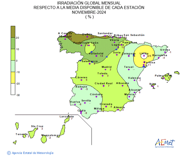 Distribución de la irradiación media global en España (noviembre 2024).