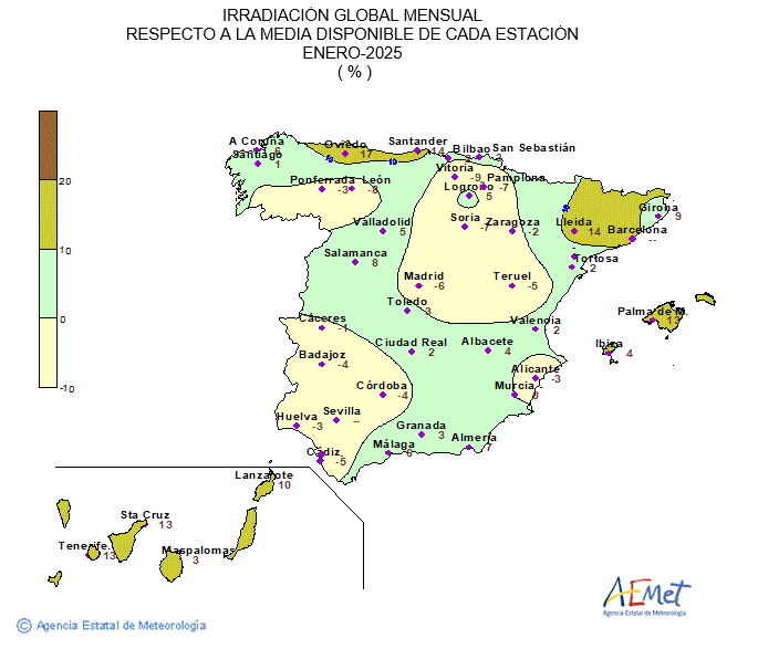 Distribución de la irradiación media global en España (enero 2025)