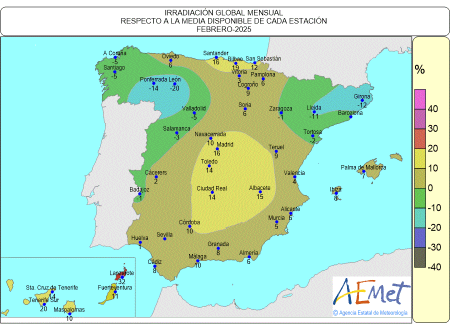 Distribución de la irradiación media global en España (febrero 2025)