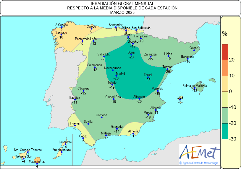 Distribución de la irradiación media global en España (marzo 2025)