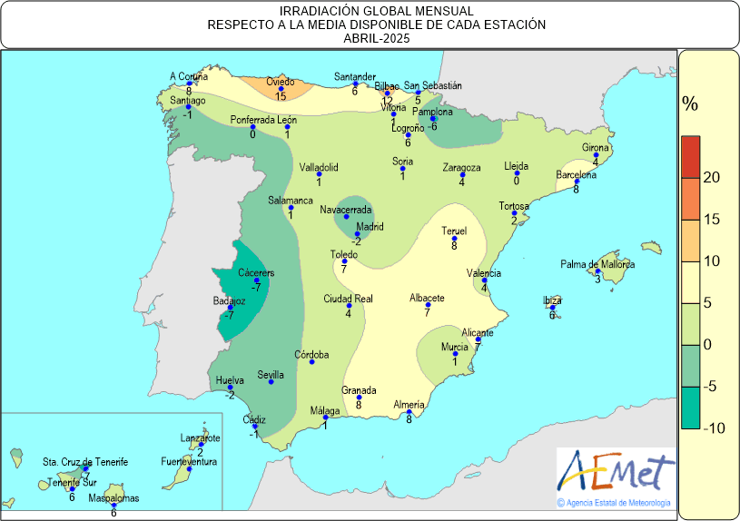 Distribución de la irradiación media global en España (abril 2025)