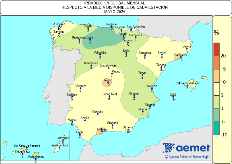 Distribución de la irradiación media global en España (mayo de 2025)