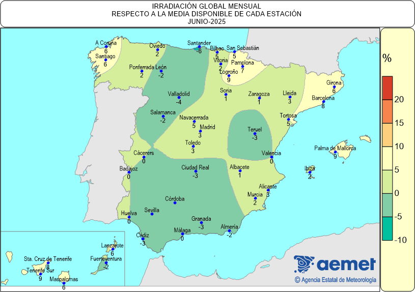 Distribución de la irradiación media global en España (junio de 2025)