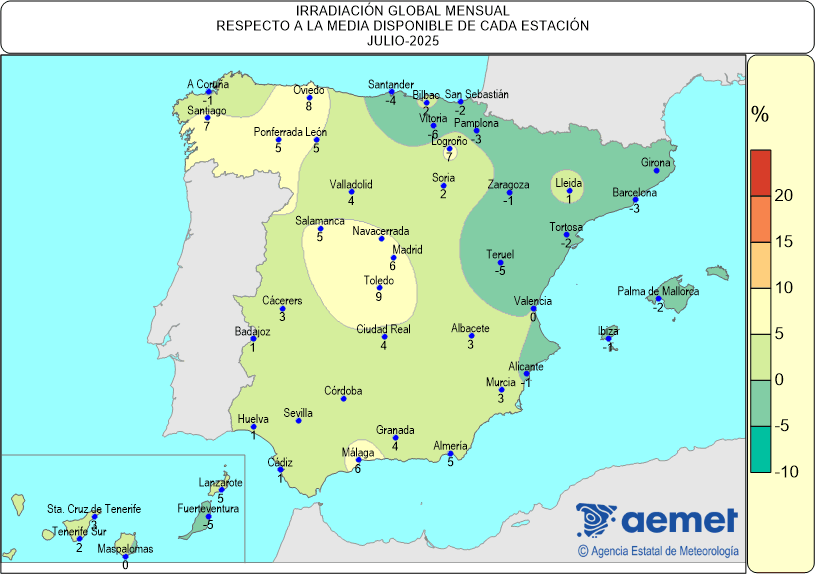 Distribución de la irradiación media global en España (julio de 2025)