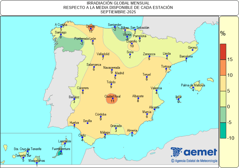 Distribución de la irradiación media global en España (septiembre de 2025)