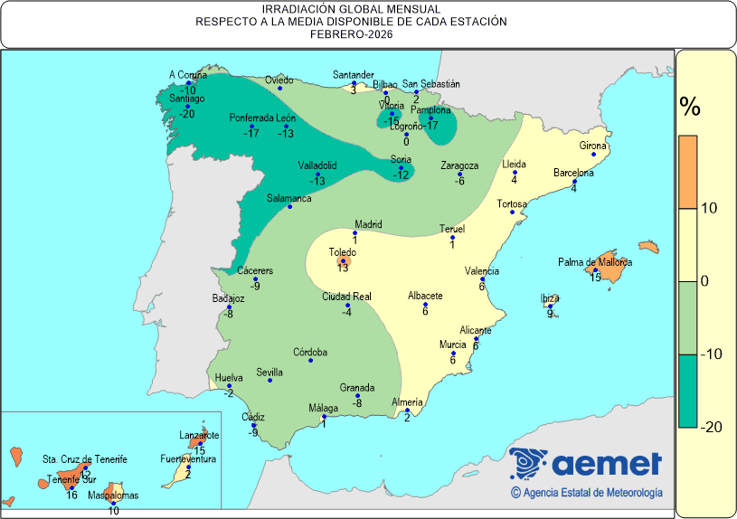 Distribuci&oacute;n de la irradiaci&oacute;n media global en Espa&ntilde;a (Febrero 2026)