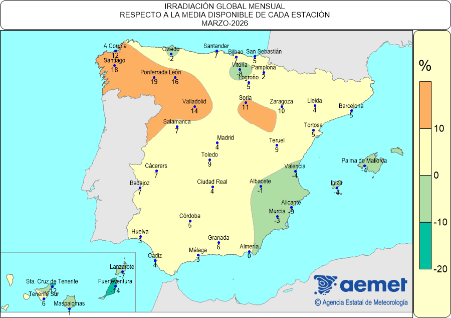Distribuci&oacute;n de la irradiaci&oacute;n media global en Espa&ntilde;a (marzo 2026)