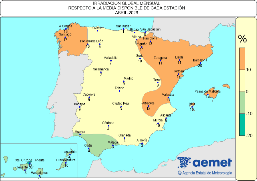 Distribuci&oacute;n de la irradiaci&oacute;n media global en Espa&ntilde;a (abril 2026)