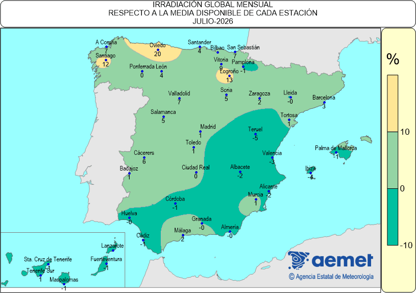 Distribuci&oacute;n de la irradiaci&oacute;n media global en Espa&ntilde;a (julio 2026)