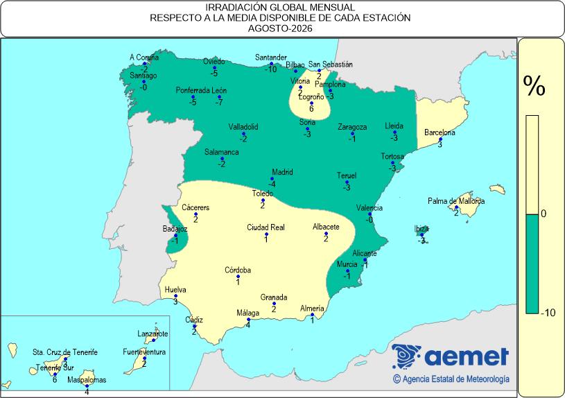 Distribuci&oacute;n de la irradiaci&oacute;n media global en Espa&ntilde;a (agosto 2026)