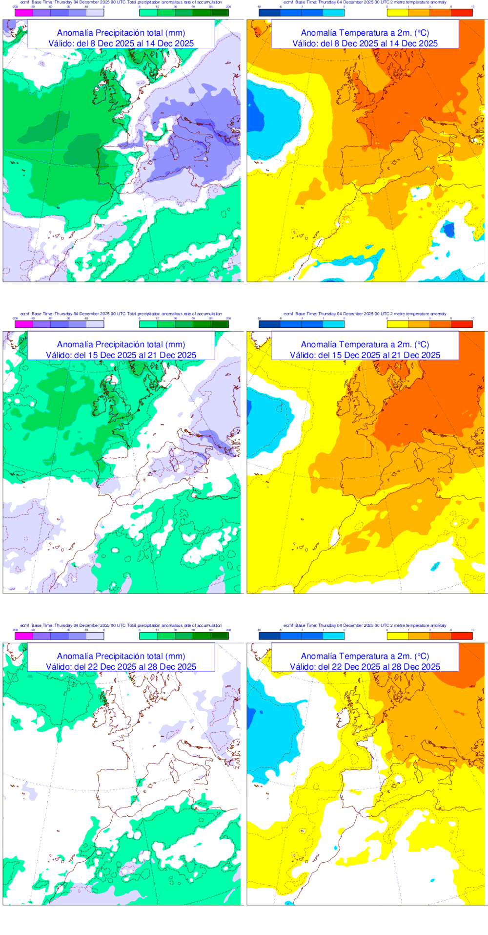 Anomala de precipitacin y temperatura entre el lunes 8 de diciembre y el domingo 28 de diciembre de 2025