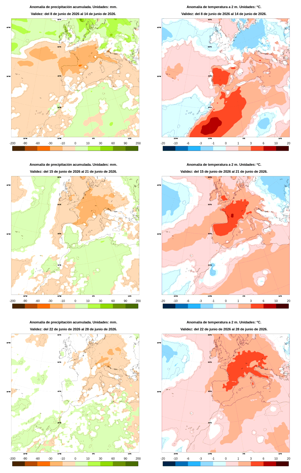 Anomal�a de precipitaci�n y temperatura entre el lunes 8 de junio y el domingo 28 de junio de 2026