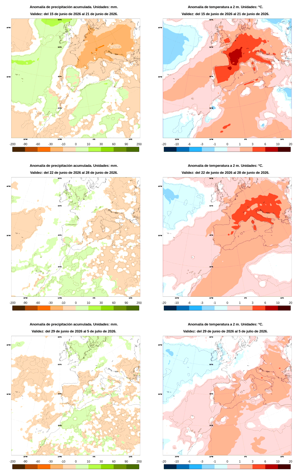 Anomal�a de precipitaci�n y temperatura entre el lunes 15 de junio y el domingo 5 de julio de 2026
